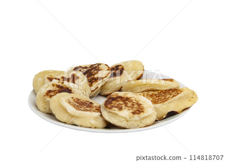 Delicious country breakfast, fried pancakes in a plate with a fork with no background 114818707