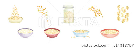 Oatmeal as Whole-grain Food and Cereal Vector Set 114818797