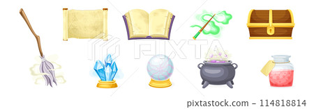 Magical Object and Witchcraft Magician Equipment Vector Set 114818814