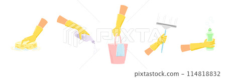 Hand in Yellow Glove Cleaning Floor and House Vector Set 114818832