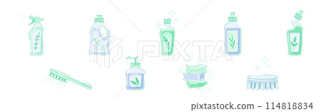 Detergent Bottle, Brush and Soap Bar as Household Cleaning Equipment Vector Set Detergent Bottle, Brush and Soap Bar as Household Cleaning Equipment Vector Set 114818834
