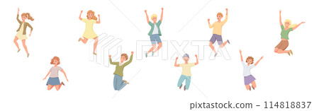 Happy People Character Jumping with Raised Hands Vector Set 114818837