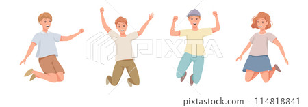 Happy People Character Jumping with Raised Hands Vector Set 114818841