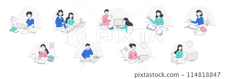 School Pupil Doing Homework Sitting at Desk with Book and Copybook Studying Vector Set 114818847