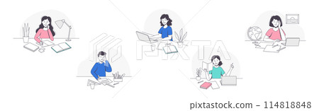 School Pupil Doing Homework Sitting at Desk with Book and Copybook Studying Vector Set School Pupil Doing Homework Sitting at Desk with Book and Copybook Studying Vector Set 114818848