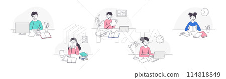 School Pupil Doing Homework Sitting at Desk with Book and Copybook Studying Vector Set School Pupil Doing Homework Sitting at Desk with Book and Copybook Studying Vector Set 114818849