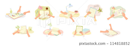 Human Hands Writing on Paper in Notepad and Diary Vector Illustration Set 114818852