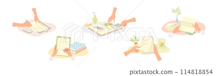 Human Hands Writing on Paper in Notepad and Diary Vector Illustration Set Human Hands Writing on Paper in Notepad and Diary Vector Illustration Set 114818854