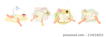 Human Hands Writing on Paper in Notepad and Diary Vector Illustration Set 114818855