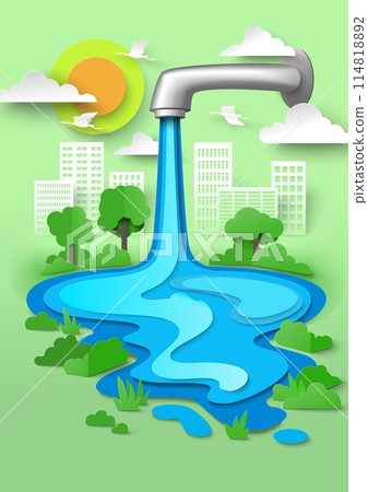 Water world day papercut poster with tap faucet 114818892