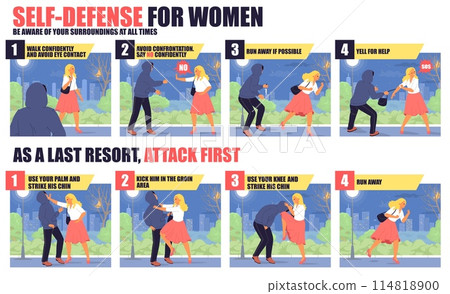 Self-defense techniques for woman, as last resort attack first infographics 114818900