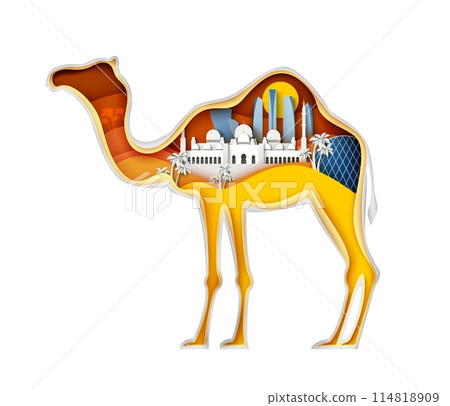 Camel with paper cut arabic city vector illustration 114818909