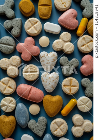 top-view photograph of dog vitamins against an green background 114818941