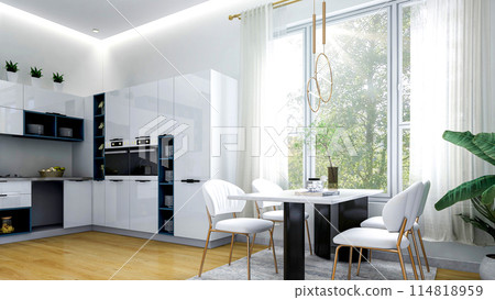 White modern contemporary stylish kitchen room interior, 3D Rendering 114818959