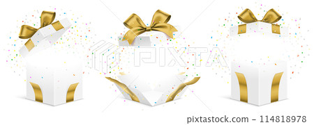 Vector set of white gift boxes with golden ribbons and confetti isolated 114818978