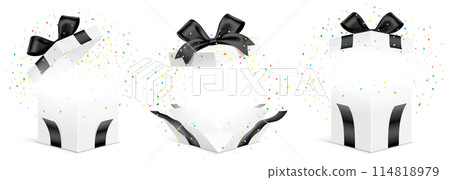 Vector set of white gift boxes with black ribbons and confetti isolated on white 114818979