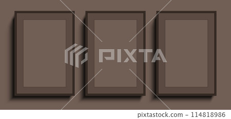 3 beige blank poster frames hanging on the wall background, vector mockup. 114818986