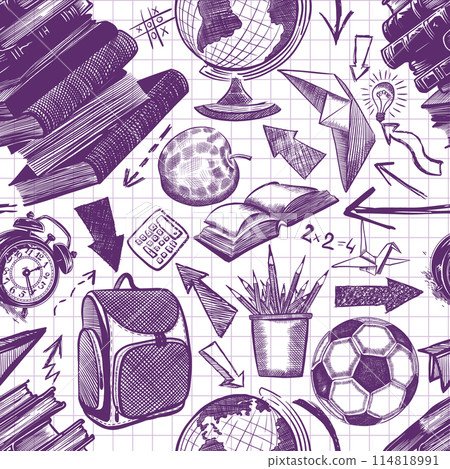 doodle style seamless pattern of blue ink school items. Handmade, not AI Vector illustration doodle style seamless pattern of blue ink school items. Handmade, not AI Vector illustration 114818991