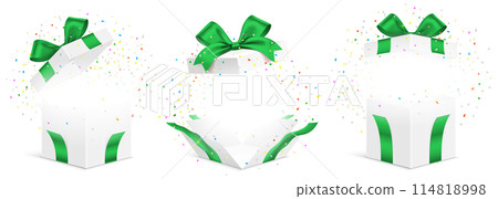 Vector set of white gift boxes with green ribbons and confetti isolated on white Vector set of white gift boxes with green ribbons and confetti isolated on white 114818998