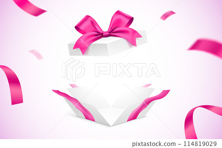 Exploded white gift box with pink ribbon. 114819029