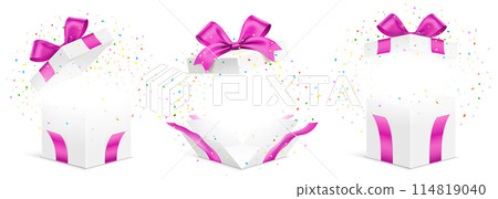 Vector set of white gift boxes with pink ribbons and confetti, isolated on white Vector set of white gift boxes with pink ribbons and confetti, isolated on white 114819040