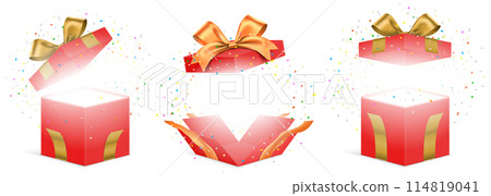 Vector set of red gift boxes with exploded colorful confetti, isolated on white. 114819041