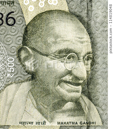 Mahatma Gandhi (1869-1948). Portrait from indian rupee banknote Mahatma Gandhi (1869-1948). Portrait from indian rupee banknote 114819048