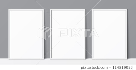 3 blank white frames leaning against a grey wall background, vector mockup. 3 blank white frames leaning against a grey wall background, vector mockup. 114819053