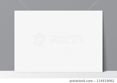Blank white poster leaning against a grey wall background. Poster vector mockup. Blank white poster leaning against a grey wall background. Poster vector mockup. 114819062