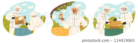 Beekeepers collecting honey harvesting at apiary scene set 114819065