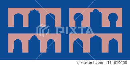 Arabic shapes with window, arch, door silhouette. Eastern city wall vector illustrations collection. Arabic shapes with window, arch, door silhouette. Eastern city wall vector illustrations collection. 114819068