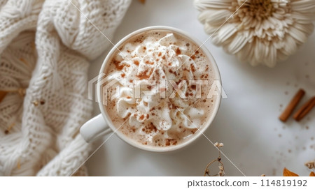 A Cup of Hot Chocolate With Whipped Cream and Cinnamon Sprinkles A Cup of Hot Chocolate With Whipped Cream and Cinnamon Sprinkles 114819192