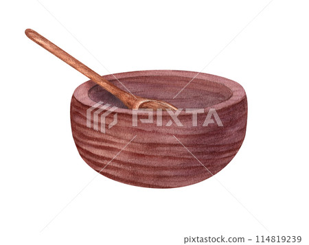Organic wooden Bowl with Spoon Set. Kitchen wooden utensil for cereal, Acai. Cooking crafted tools for food. Non toxic, organic materials. Watercolor illustration. Template for home decor, cookbook 114819239