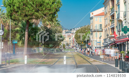 Boulevard Jean Jaures on a sunny day with tram going up and down timelapse. Nice, France 114819330