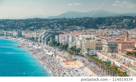 Nice beach day landscape aerial top view timelapse, France. Nice beach day landscape aerial top view timelapse, France. 114819334