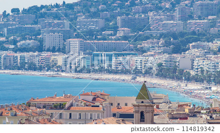Nice beach day landscape aerial top view timelapse, France. 114819342
