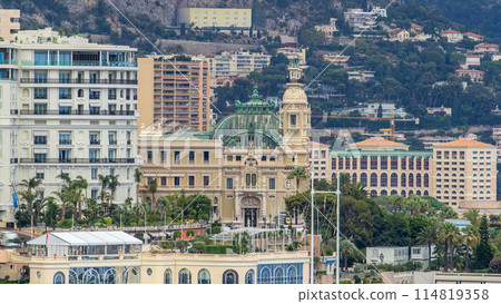 One of the sides of the Monte Carlo Casino timelapse aerial top view. 114819358