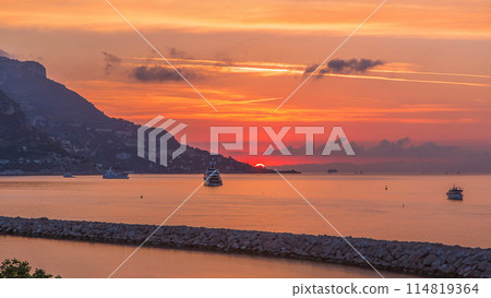 Sunrise view of sea and landscape timelapse from Beaulieu sur mer, France. 114819364