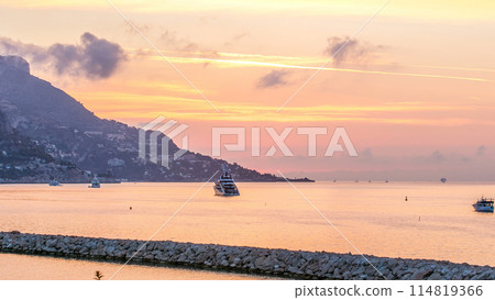 Sunrise view of sea and landscape timelapse from Beaulieu sur mer, France. 114819366