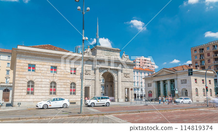 Old Porta Garibaldi monument arch timelapse hyperlapse and modern buildings of Porta Garibaldi, in Milan. 114819374