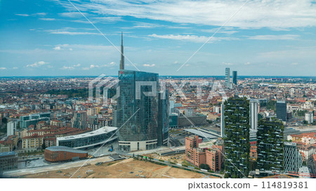 Milan aerial view of modern towers and skyscrapers and the Garibaldi railway station in the business district timelapse Milan aerial view of modern towers and skyscrapers and the Garibaldi railway station in the business district timelapse 114819381