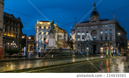 Cordusio Square and Dante street with surrounding palaces, houses and buildings day to night timelapse Cordusio Square and Dante street with surrounding palaces, houses and buildings day to night timelapse 114819383