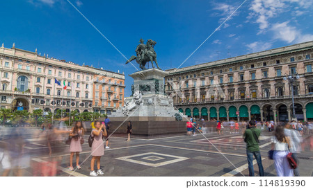 Vittorio Emanuele II statue at Piazza del Duomo timelapse hyperlapse. Milan in Lombardy, Italy. 114819390