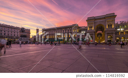 Monument to Vittorio Emanuele II and Galleria Vittorio Emanuele II day to night timelapse on the Piazza del Duomo Monument to Vittorio Emanuele II and Galleria Vittorio Emanuele II day to night timelapse on the Piazza del Duomo 114819392