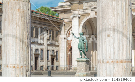 Monument to Roman emperor Constantine I timelapse in Milan, in front of San Lorenzo Maggiore basilica. 114819405