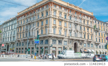 A street view of beautiful historic landmark - Palazzo Luraschi near Porta Venezia timelapse A street view of beautiful historic landmark - Palazzo Luraschi near Porta Venezia timelapse 114819413