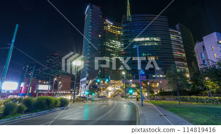 Milan skyline with modern skyscrapers in Porta Nuova business district night timelapse hyperlapse in Milan, Italy Milan skyline with modern skyscrapers in Porta Nuova business district night timelapse hyperlapse in Milan, Italy 114819416