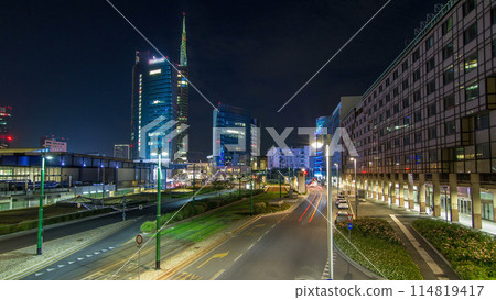 Milan skyline with modern skyscrapers in Porta Nuova business district night timelapse hyperlapse in Milan, Italy Milan skyline with modern skyscrapers in Porta Nuova business district night timelapse hyperlapse in Milan, Italy 114819417