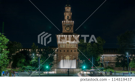 Main entrance to the Sforza Castle and tower - Castello Sforzesco night timelapse, Milan, Italy 114819437