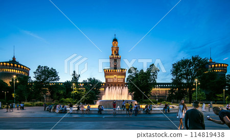 Main entrance to the Sforza Castle and tower - Castello Sforzesco day to night timelapse, Milan, Italy Main entrance to the Sforza Castle and tower - Castello Sforzesco day to night timelapse, Milan, Italy 114819438